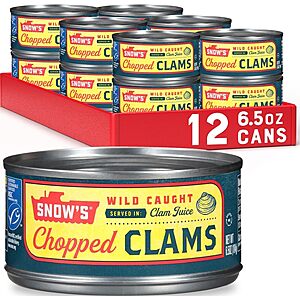 Snow's Wild Caught Chopped Clams Canned, 6.5 oz Can (Pack of 12) - 5g Protein Per Serving - Keto Friendly, 99% Fat Free~$18.57 With S&S @ Amazon