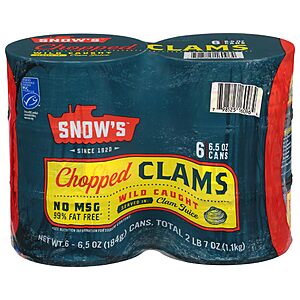 Snow's Wild Caught Chopped Clams Canned, 6.5 oz Can (Pack of 6) - 5g Protein Per Serving - Keto Friendly, 99% Fat Free~$9.78 With S&S @ Amazon