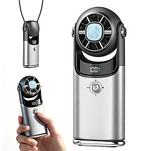 MIALEXO Mini Handheld & Desktop Fan w/ Cooling Plate, 100-Speed Joystick & LED Display (Silver Grey) $7.99 + Free Shipping w/ Prime or on $35+
