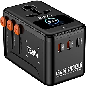 200W GaN Universal Travel Adapter with Smart Display, International Power Adapter with 3 USB-C & 1 USB-A Charging Ports