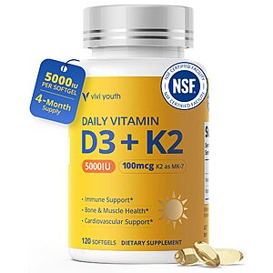 VIVI Youth Vitamin D3 K2 5000 IU with MK-7, 120 Servings $3.99