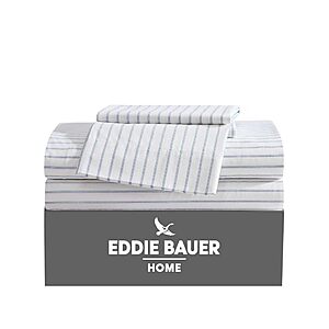 $20.99: Eddie Bauer Twin Size Sheet Set, 100% Cotton Percale Bedding, Essential Stripe (Fully Elastic Fitted Sheet, Deep Pocket Fit)
