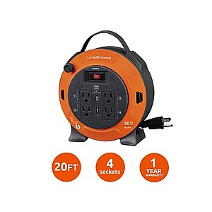 Link2Home 20' Extension Cord Reel w/ 4 Outlets, 2 USB Ports, 16AWG SJT Cable $29.99 & More + Free S&H w/ Prime