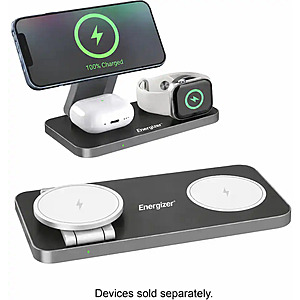 Energizer - 3-in-1 15W Magnetic MagSafe/Qi2 Compatible Fast 15W Charger, Charging Station/Stand for iPhone + AirPods + Apple Watch - Black $19.99