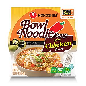 $1.06 (or 95c with 15% S&S)  FS PRIME Nongshim Ramen Noodles, Gourmet Instant Ramen bowl, Premium Microwavable Noodle Soup, Spicy Chicken, 3.03 Ounce