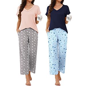 2-Count Ekouaer Women’s V-Neck Short Sleeve Pajama Sets w/ Ankle-Length Pants (S-XXL, Various Colors/Prints) $14.99 ($7.50/set) + Free Shipping w/ Prime or on $35+