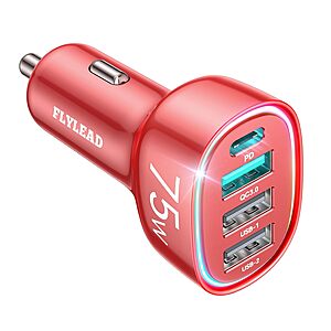 FLYLEAD 75W 4-Port Car Charger w/ USB-C PD 60W & QC 3.0 (Red) $5.91 + Free Shipping w/ Prime or on $35+