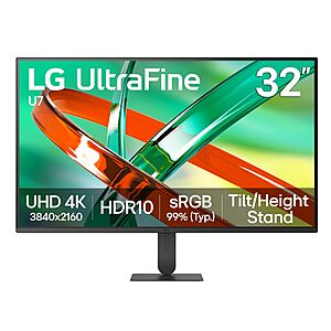 LG 32U700B-B 32-inch Ultrafine 4K UHD (3840 x 2160) Computer Monitor, 60Hz, HDR10, Switch, Reader Mode, HDMI, DisplayPort, Tilt/Height Stand, Black $279.99