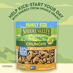 Nature Valley Oats & Honey Granola, Resealable Pouch, Family Size, 24 oz 32 Bars Worth per Pouch, 14g Whole Grain per Serving~$5.03 After Coupon & S&S @ Amazon