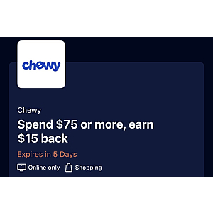 Amex benefit: Chewy $15 off $75 $60