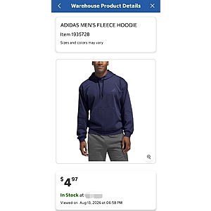 Adidas Men's Fleece Hoodie $4.97 in Costco stores. YMMV