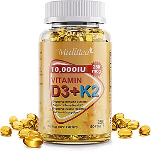Vitamin D3 K2 10000 IU w/ MK7 for Bone, Immune & Heart Health, 250 Softgels $13.49 + Free Shipping