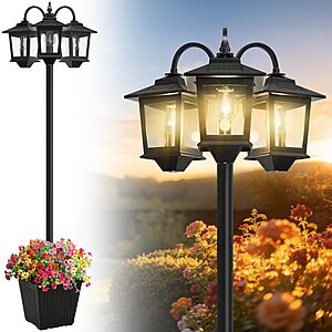 74" Joyoowild 3-Head Vintage-Style Solar Lamp Post w/ Edison-Style Bulbs & Planter (Black) $59.99 + Free Shipping