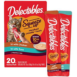 20-Pack 0.5-Oz Delectables Squeeze Up Senior 10+ Lickable Wet Cat Treats (Variety Pack) $9.47 w/ S&S + Free Shipping w/ Prime or on $35+