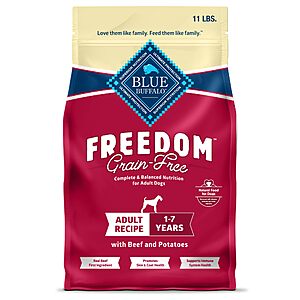 as low as $12.09 S&S 35% off Q AMAZON Blue Buffalo Freedom Beef Adult Grain-Free Dry Dog Food, 11 lb