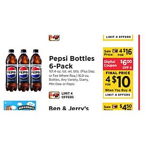 ShopRite B&M 8/16-8/22 PEPSI Family 16.9 oz 6 Count Plastic Bottles 4/$10 with Digital, limit 4 offers (max 16/$40)
