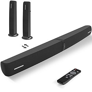 Sound Bar for Smart TV, 90W Soundbar with Bluetooth/ARC/Optical/AUX Connect, Auto Volume Boost, 3 Equalizer Modes, 2 in 1 Detachable Soundbar