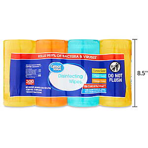 4 pack Great Value Disinfecting Wipes, 300 Count, $10.78, FS WM+, Walmart