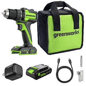 GREENWORKS 24V 1/2" Brushless Cordless Drill (400 In-lbs.), 2.0Ah (12,000mAh Power Bank) USB-C Batteries, 3.3 FT Braided Cable, 30W Charger - $54.32