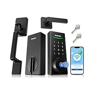 $95.99: Philips WiFi Smart Lock with Handle, Fingerprint & App Unlock, Auto-Lock, Keyless Entry, Matte Black at Woot!