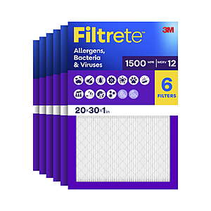 Filtrete 20x30x1 HVAC Furnace Air Filter, MPR 1500 MERV 12, Allergens, Bacteria & Viruses, 6 Pack $61.68