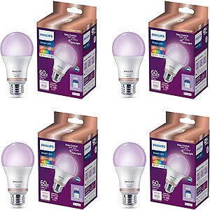 PHILIPS Smart LED Full Color Light Bulb 4-Pack, A19 60W 800LM E26 Indoor $21.78