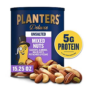 PLANTERS Deluxe Unsalted Mixed Nuts, Plant Based Protein, 15.25 Oz (1 Ct)~$8.70 With S&S @ Amazon