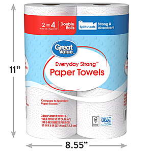 $2.27 Free Ship Walmart+ Great Value Everyday Strong Paper Towels, 2 Double Rolls 220 sheets = 4 Rolls  (.55c per rolls)
