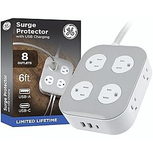 $11.86* | GE 8-Outlet + 3 USB 1500J Surge Protector w/ 6" Flat Plug at Amazon