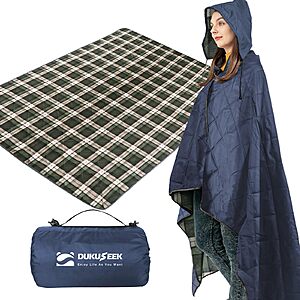 DUKUSEEK Large Outdoor Blanket, Camping Blankets for Cold Weather, Waterproof Windproof Hooded Stadium Blanket 79"x59" Quilted