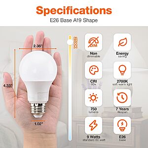 Sylvania ECO LED Light Bulb, A19 60W Equivalent, Efficient 9W, 7 Year, 750 Lumens, 2700K, Non-Dimmable, Frosted, Soft White - 8 Pack (40821) $10.99
