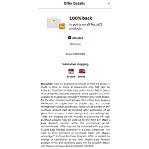 At Staples - 100% back in points 100% back in points on all Post-it® products.
