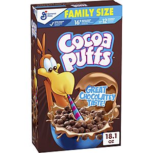 Cocoa Puffs, Chocolatey Breakfast Cereal, Family Size, 18.1 oz $3.29 or less