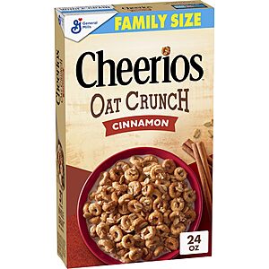 Cheerios Oat Crunch Cinnamon Cereal, Whole Grain, Family Size, 24oz $3.79 or less