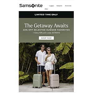 Samsonite Save Up to 40% plus extra 10% Off with code EXTRA10 at Checkout