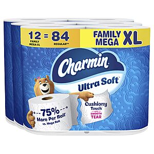 $33.64 or less S&S/Q/$15 off 2 x  Charmin Ultra Soft Cushiony Touch Toilet Paper, 12 Family Mega XL Rolls = 168 Regular Rolls