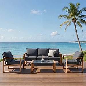 EVERITE Outdoor 4 Pieces Steel Conversation Set ,Faux Wood Grain Finish Frame Sofa with Extra Thick Cushions $500 + Free Shipping