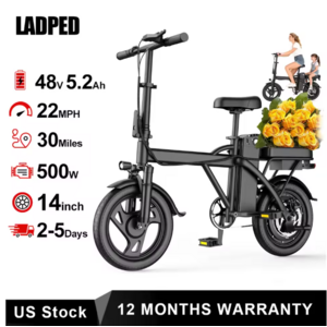 LADPED 500W 48V Foldable E-Bike 9AH $191, 5.2AH $126 + Free Shipping