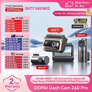 DDPAI 4K Dash Cam Z60 Pro HDR Front, Rear & Interior Car Camera 2-Channel  No SD Card $104 + Free Shipping $103.8