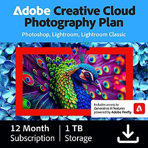 1-Yr Adobe Creative Cloud Photography Plan w/ 1TB Storage (Digital Delivery) $100 & More
