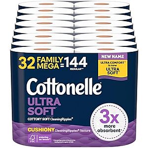 [SnS, AC] $38.92 | 2 × 32-Pack 296-Sheets Cottonelle Toilet Paper Family Mega Rolls (Ultra Soft) ($19.46 each) at Amazon