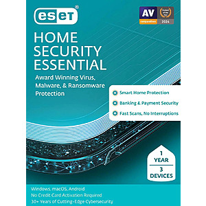 ESET Home Security Essential 2026 3 Devices / 1 Year (Digital Delivery) $9.99 & More