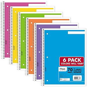 6-Pack Mead 1-Subject Spiral Notebook (Wide Ruled, 70 Sheets, Assorted Pastel) $5.31 w/ S&S + Free Shipping w/ Prime or on $35+
