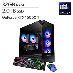 iBUYPOWER Element Gaming PC Desktop — Intel Core Ultra 7 265F — NVIDIA GeForce RTX 5060 Ti 8GB — 32GB DDR5 RAM — 2TB NVMe SSD $1399.99