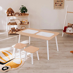 Wood And Hearts 3-piece Sorter Table and Stool set for Toddlers, White and Natural $23