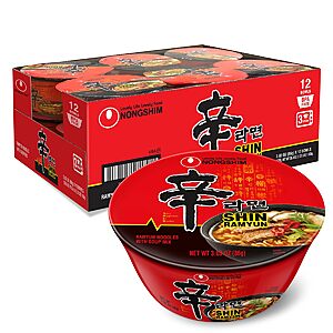 Nongshim Shin Ramyun Bowl Noodles, Spicy Korean Signature Instant Ramyun, Rich Beef Flavored Broth Microwaveable Bowl, 3.03 oz (Pack of 12)~$10.20 After Coupon @ Amazon