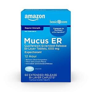 60-Count Amazon Basic Care 600mg 12-Hour Extended-Release Cough Medicine $9.78 w/ S&S + Free Shipping w/ Prime or on $35+