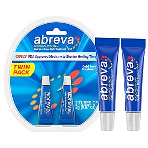 $16.47 for 2-Pack Abreva 10 Percent Docosanol Cold Sore Treatment 0.07 oz Tube with S&S