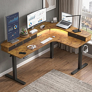 65" Inbox Zero L-Shaped Electric Standing Desk w/ Power Outlets & 3 Drawers (Brown/Black) $265.97 + Free Shipping