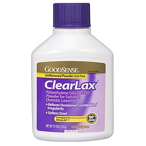 $12.15 or less S&S AMZ GoodSense ClearLax Polyethylene Glycol 3350 Powder for Solution, 17.9 Ounce (generic for Miralax)
